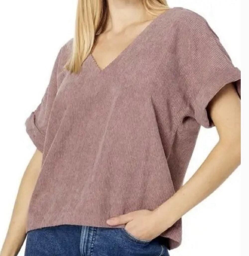 Madewell Shirt Womens Med Lavender Corduroy V-Neck Back Buttons Short Sleeve Top